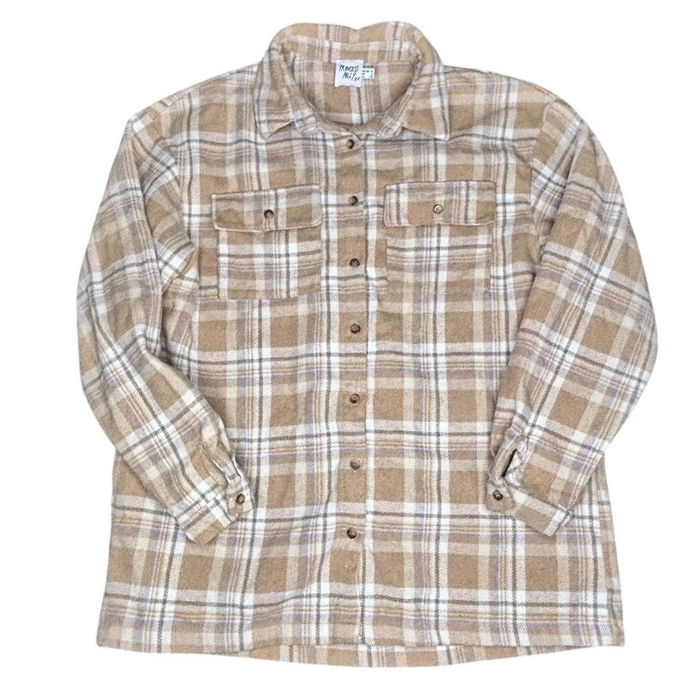 Princess Polly Women's Plaid Flannel Button-Up Shirt Beige Size 6